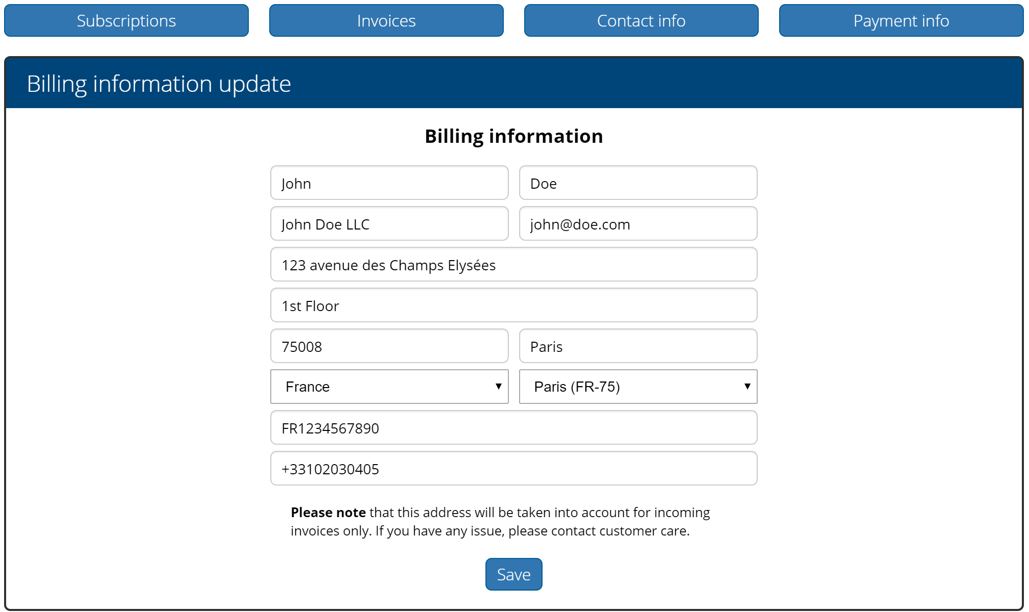 Контур билинг. Billing info. Billing address information. Форма для биллинга времени.